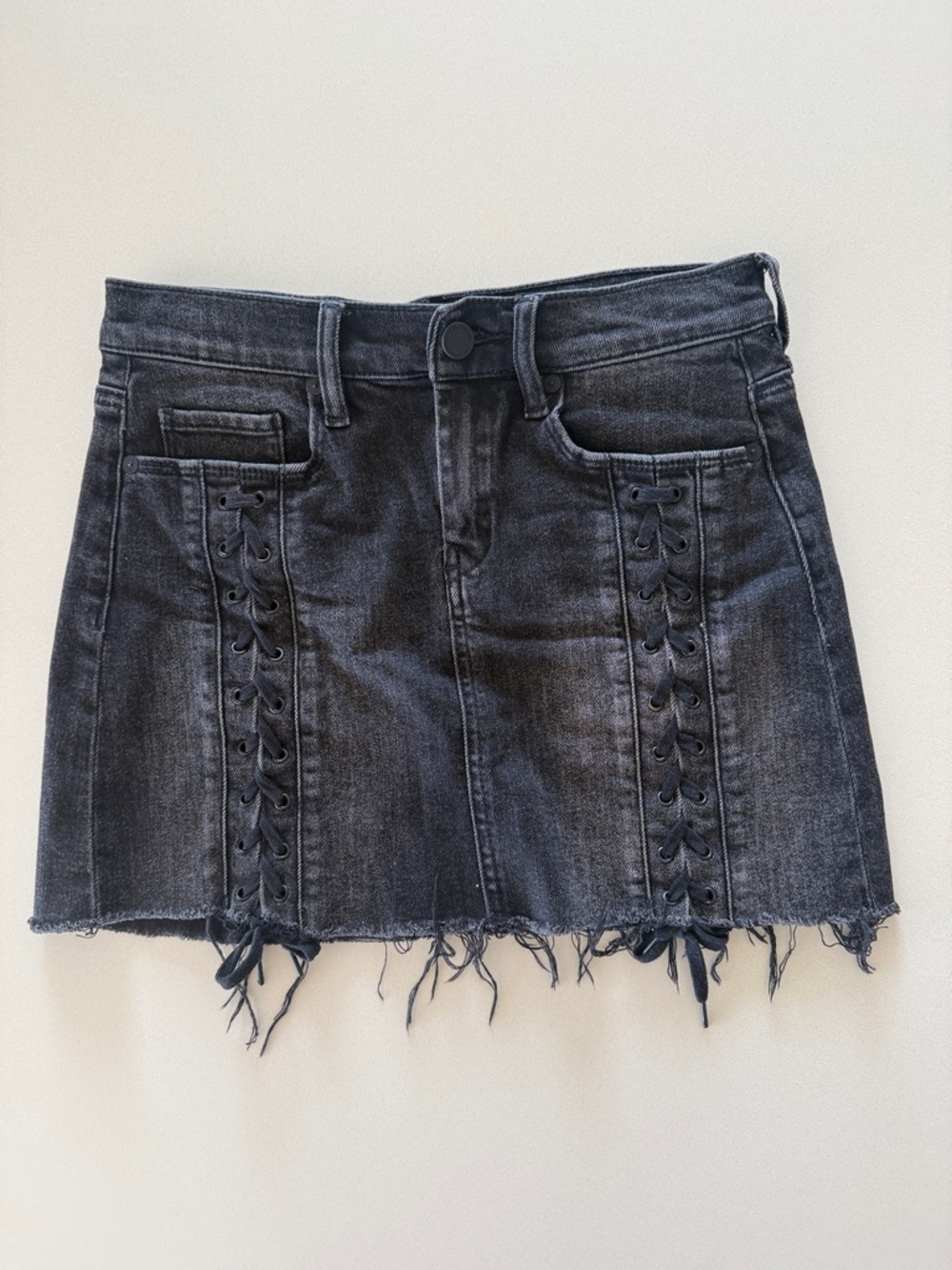 Blank NYC Black Lace-Up Frayed Denim Mini Skirt
